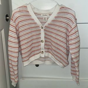 Coral,purple,and white colored cropped cardigan/sweater
